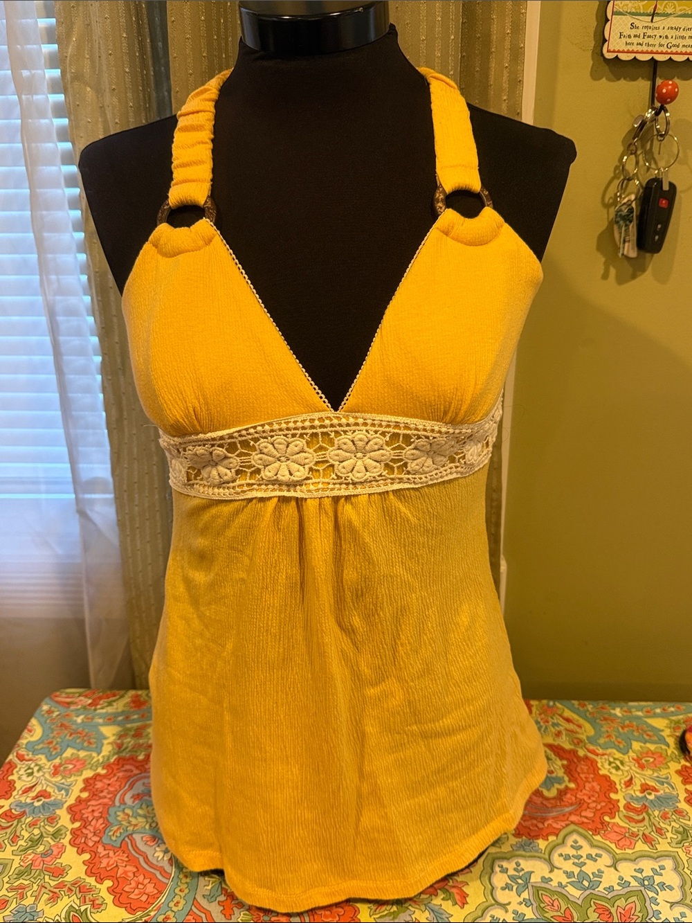 Self Esteem Yellow Ribbed Halter with Crochet Trim